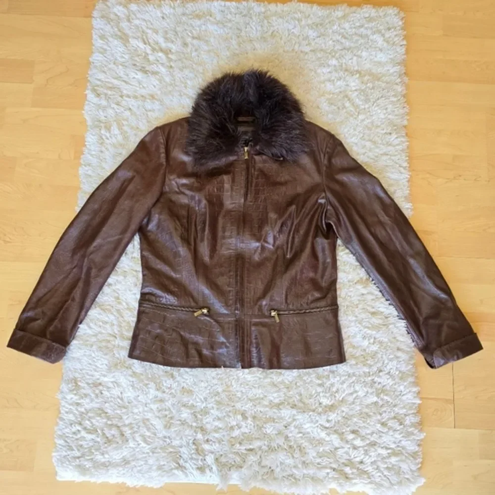 Express Genuine Leather Croc Embossed Brown Jacket Zip Size 14‎ Y2K 90s Western